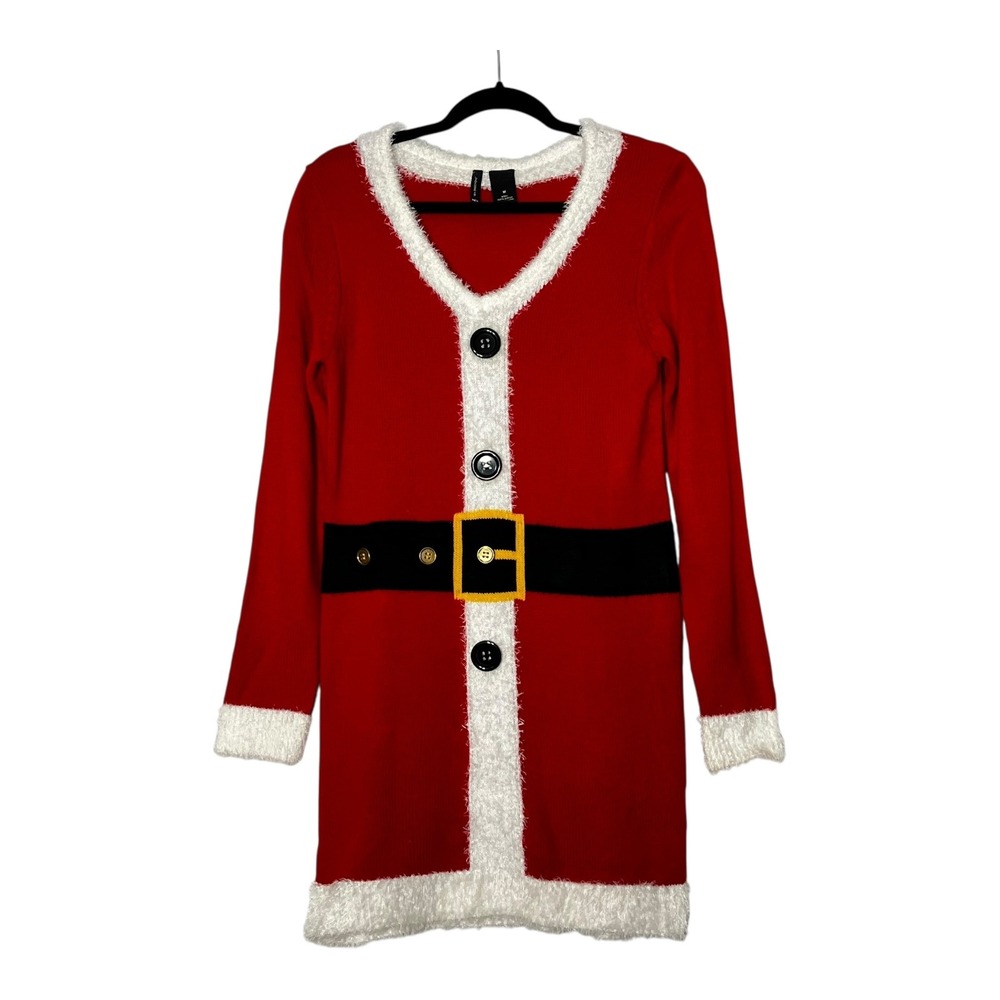 New Directions Womens Santa Claus Sweater Dress Red Fuzzy Trim Holiday Mini Med